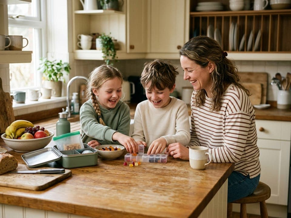 Une famille prépare les vitamines des enfants au comptoir de la cuisine