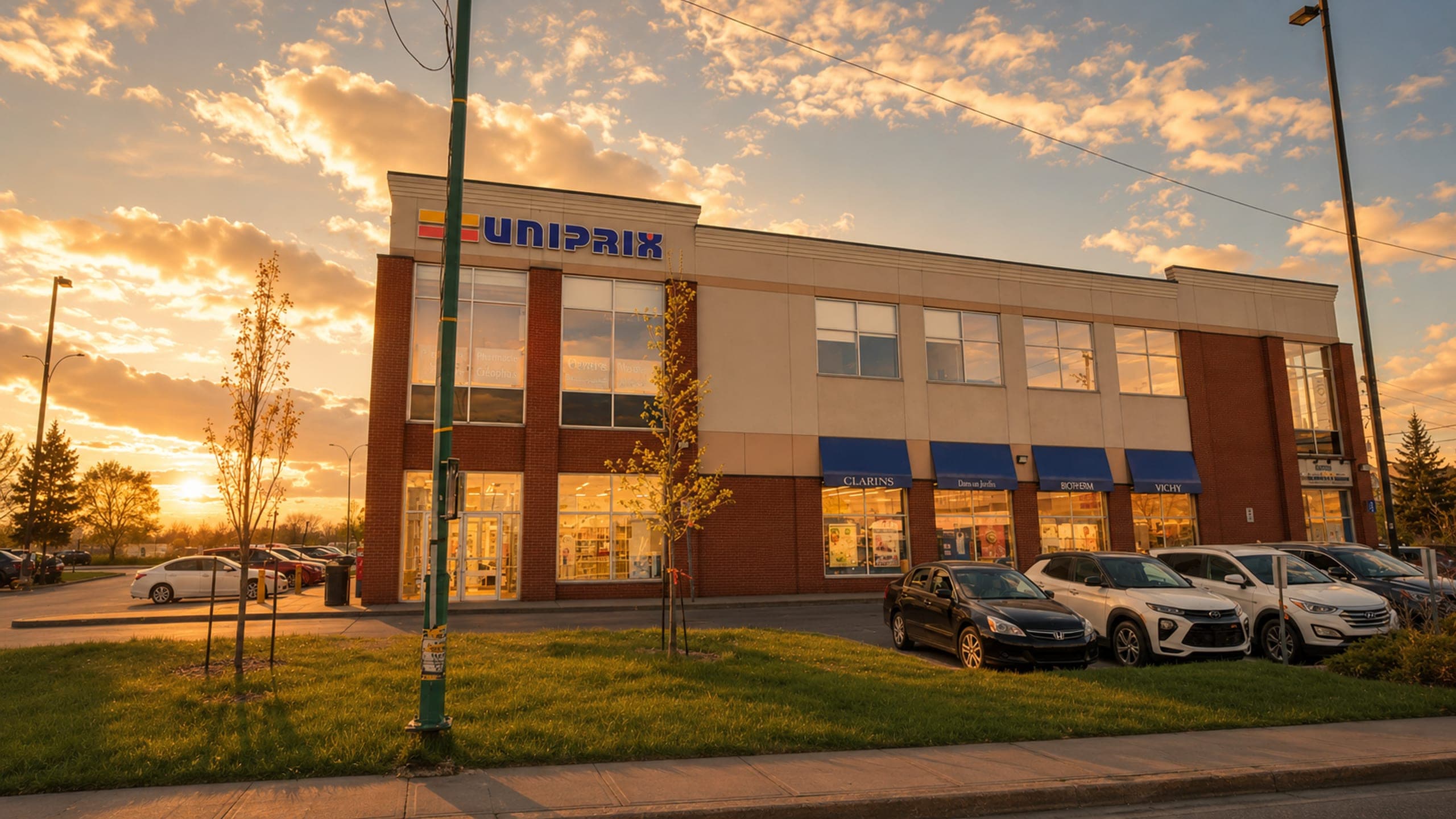 Devanture de la pharmacie Uniprix à Laval en fin de journée.